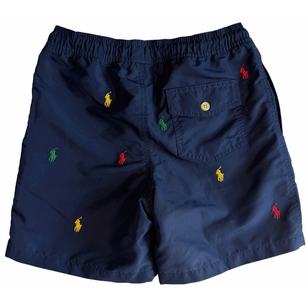 Polo Ralph Lauren Young Boys Navy Blue AOP Logo Swim Trunks Shorts Size M 10/12